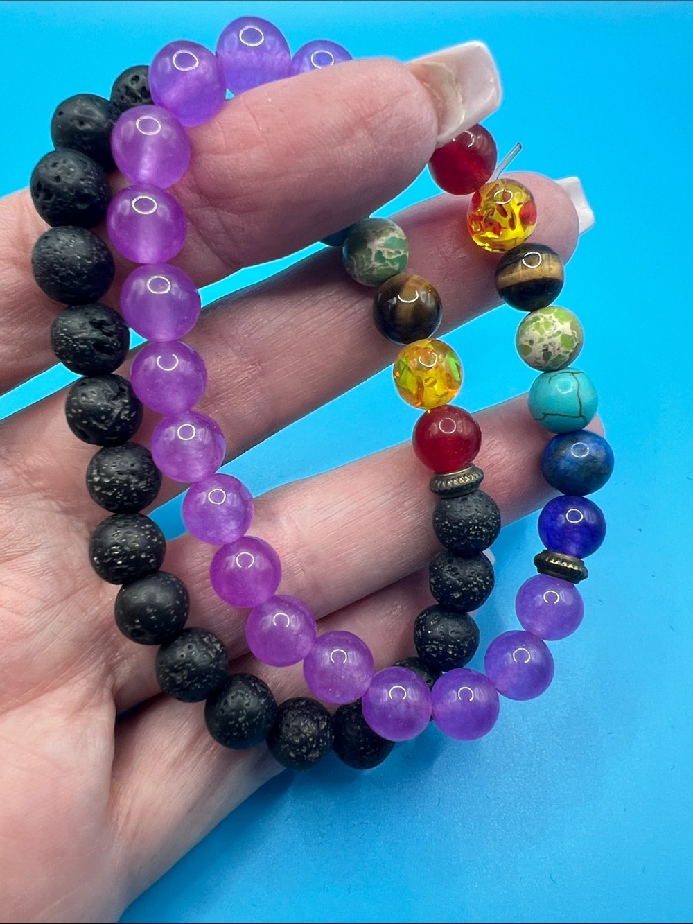 Purple Agate Chakra Stretch Bracelet with Multicolor Accent Beads
